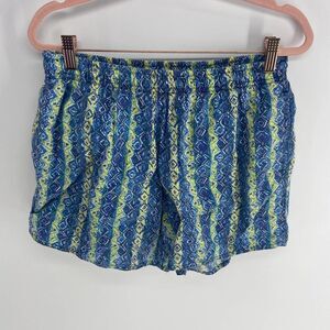 Pacific Connections blue yellow tribal short swim trunk tie waist mens medium